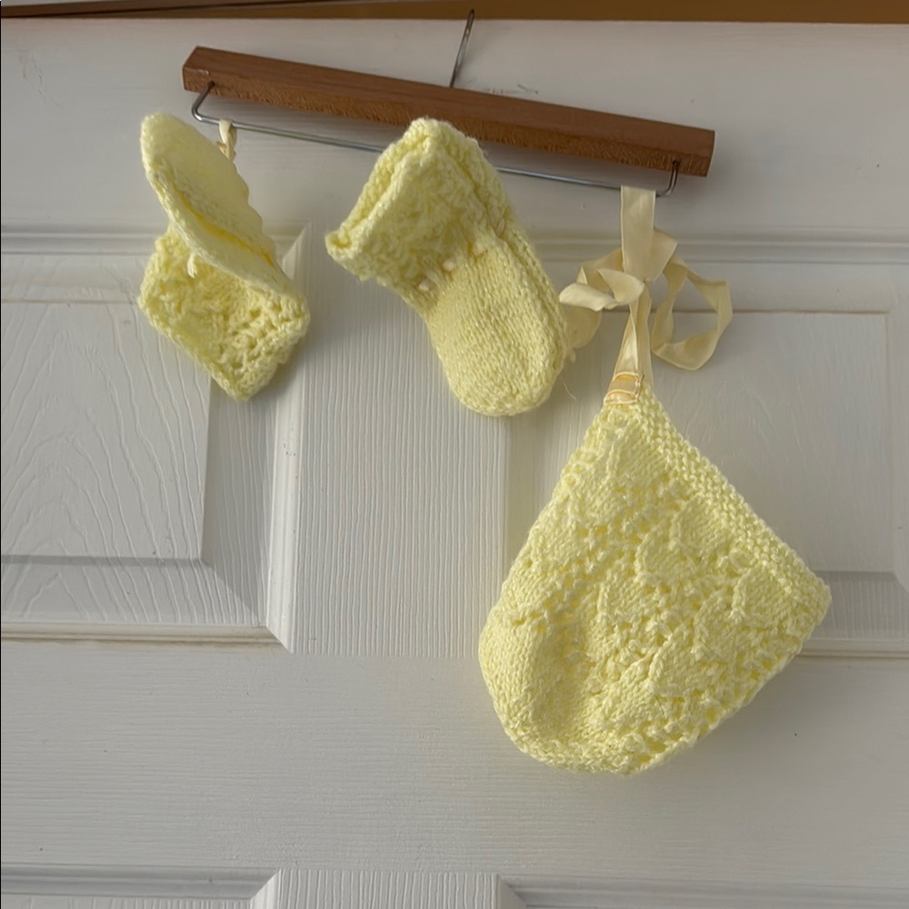 Yellow Knitted Baby Mittens and Hat Set